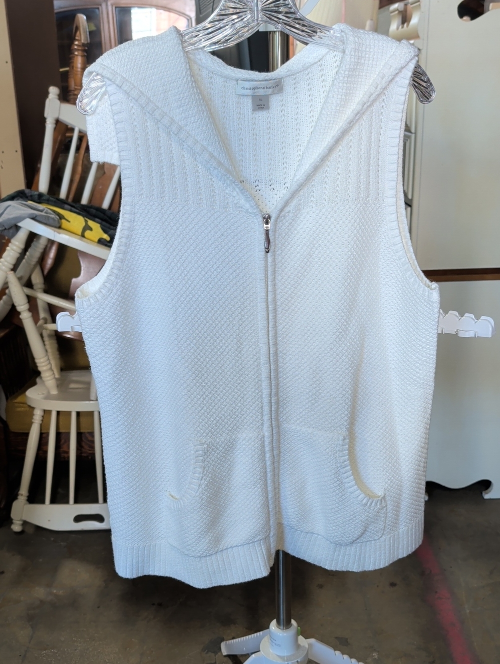 Christopher & Banks White Sleeveless Zip Front Knit Vest